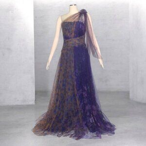 Marchesa Notte One Shoulder Bow Detail Tulle Floral Print Gown Dress 12